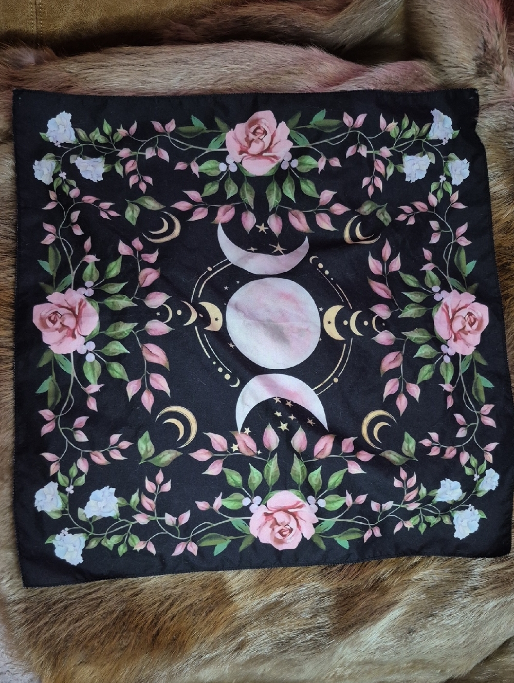 Floral Moonphase Bandana Scarf/atable Clothe/Tapestry Black with Pink Roses